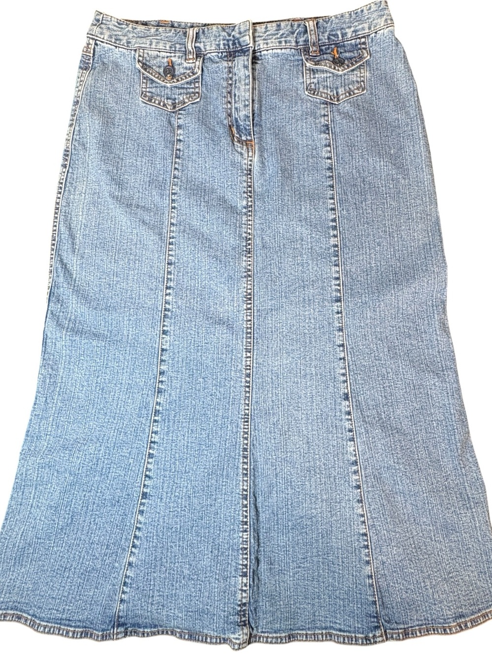 Emma James Stretch Embroidered Denim Midi Skirt Size 10 Y2K Floral A-Line